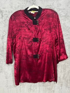 VTG Pride & Joy Asian Style Kimono Blouse Size 18 Red Floral Satin Oriental